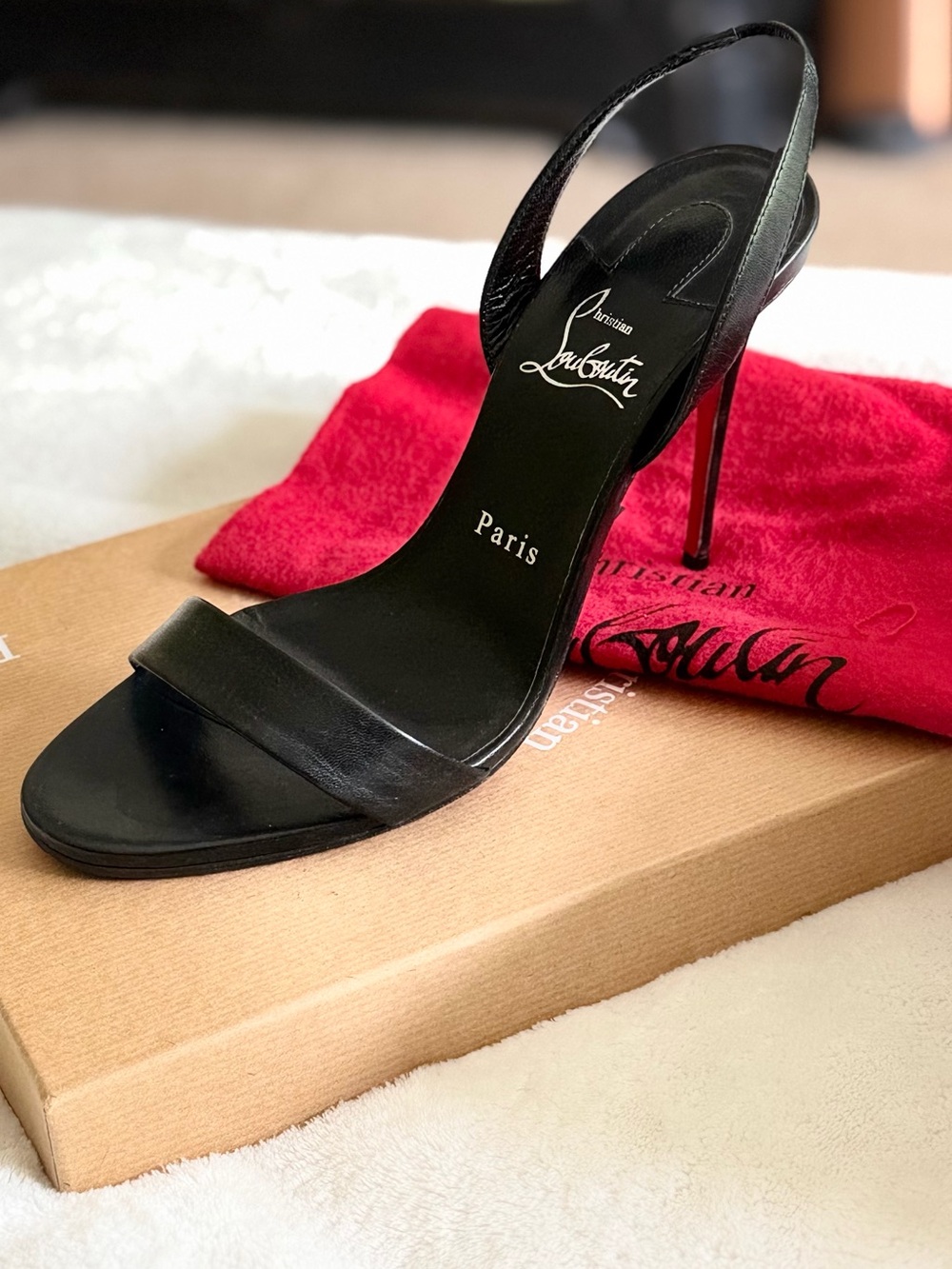 Christian Louboutin Black Leather Open-Toe Slingback Heels with Red Sole - Picture 5 of 10
